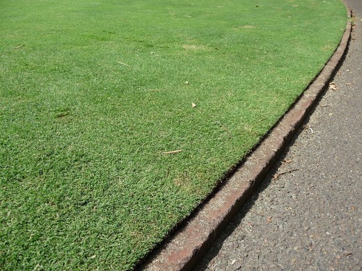 Sydney, oddělení trávníku obrubníkem. Vzorná úprava okraje trávníku v městském parku ořezávačem trávníků