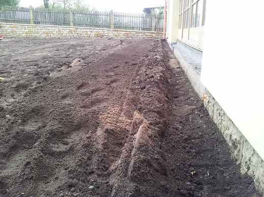 Jestliže trávník bude sousedit s domem, odházejte zeminu od domu pro důkladnější propískování. I u domu musí mít vegetační vrstva stejné vlastnosti jako na ploše.